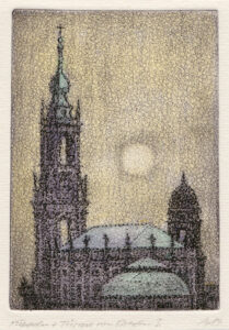 Alex Dose, Hofkirche Dresden, Kuppeln und Türme, Radierung, coloriert, Dresden, Gotha, Erfurt
